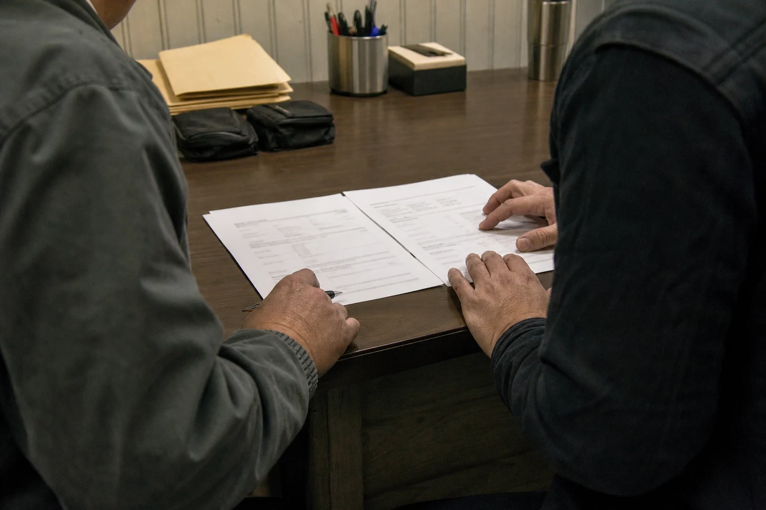 Two people seated at a wooden office desk reviewing two printed documents laid side by side, with manila folders and a pen cup in the background