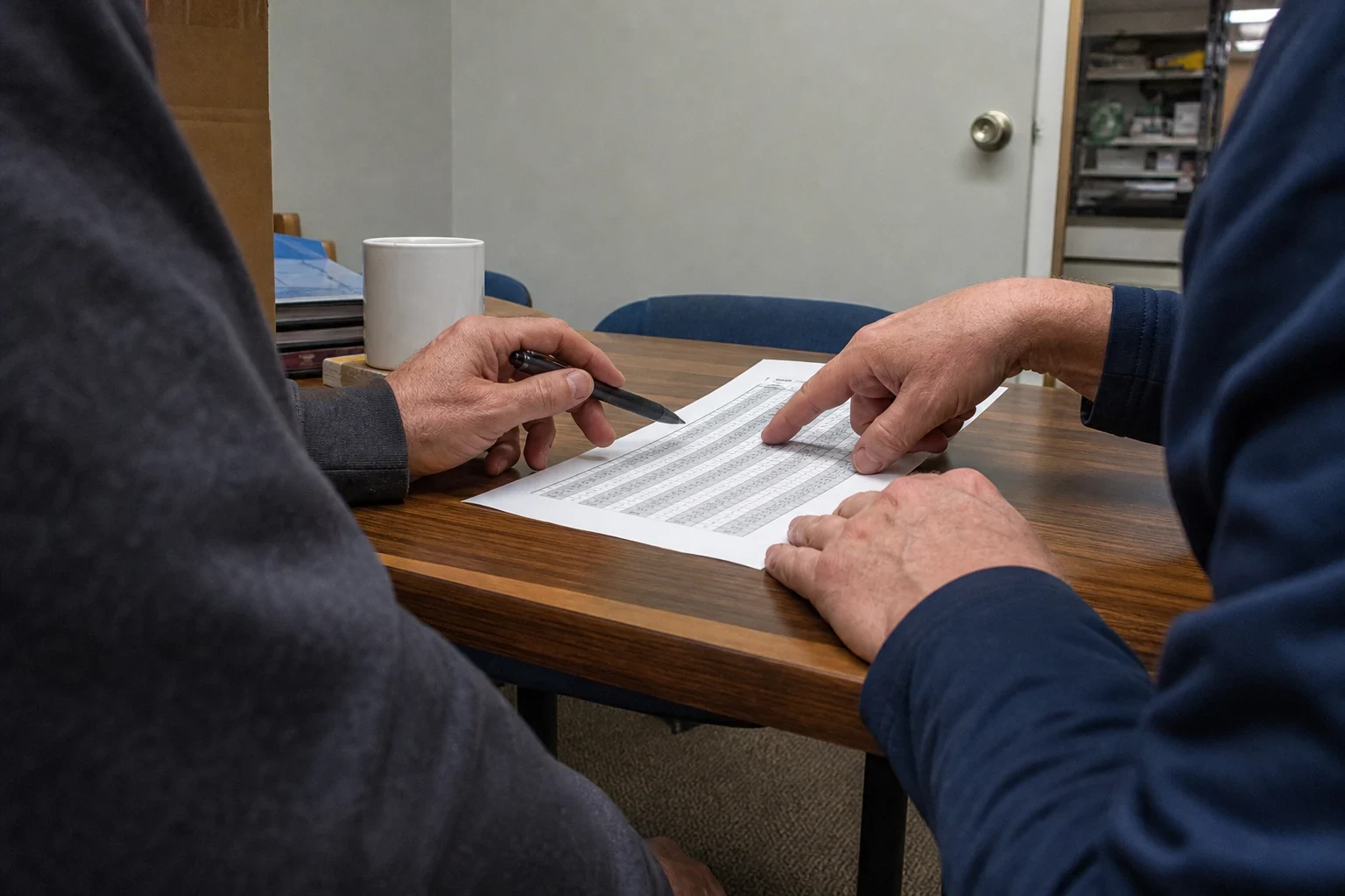 Two people at a small wooden conference table review a printed page of figures, one holding a pen and the other pointing, with a mug and shelves in the background.